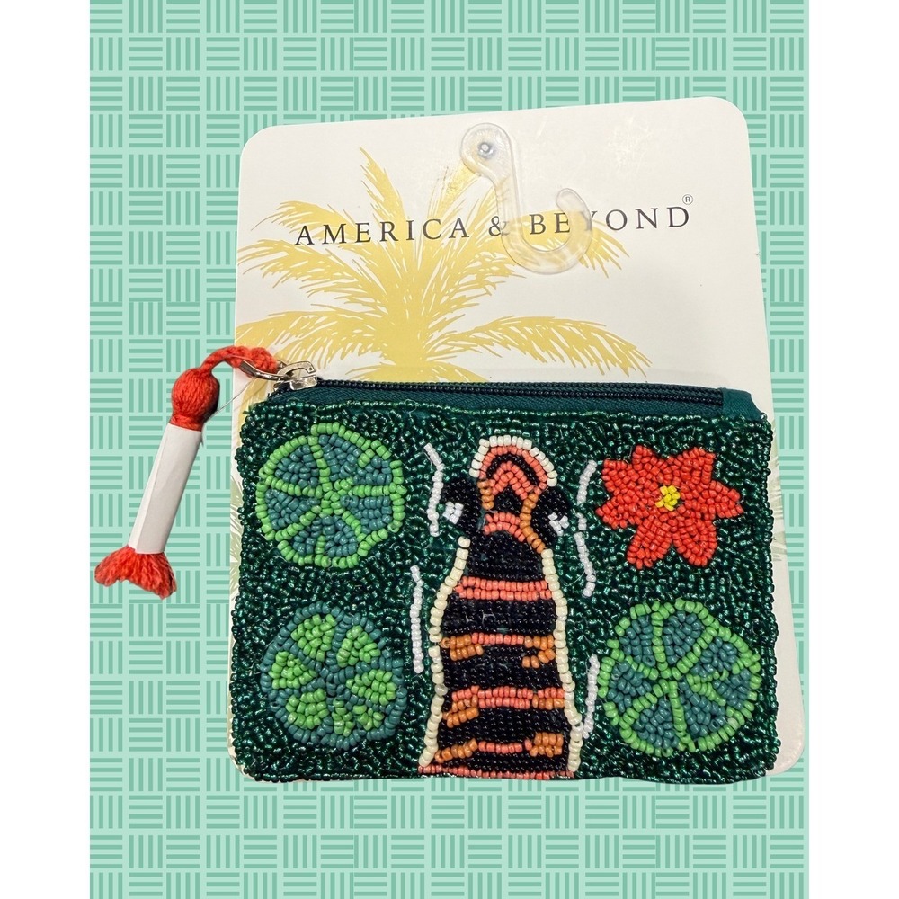 America & Beyond Beaded Coin Pouch Green Tiger Tropical Boho Fair Trade NWT